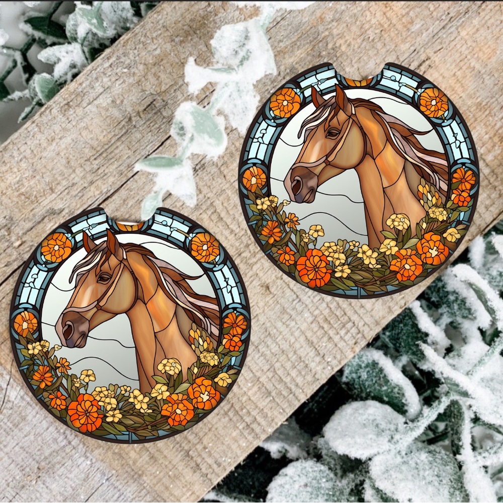 Handmade Stallion Car Coasters | New Set Of Two Stain Glass Stallion Car Coaster